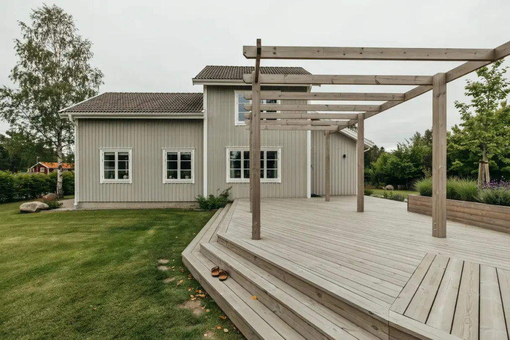altanbygge med pergola och trappa i margretelund